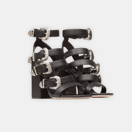 Black Sandals Wide Heel Metal Belts Decorated