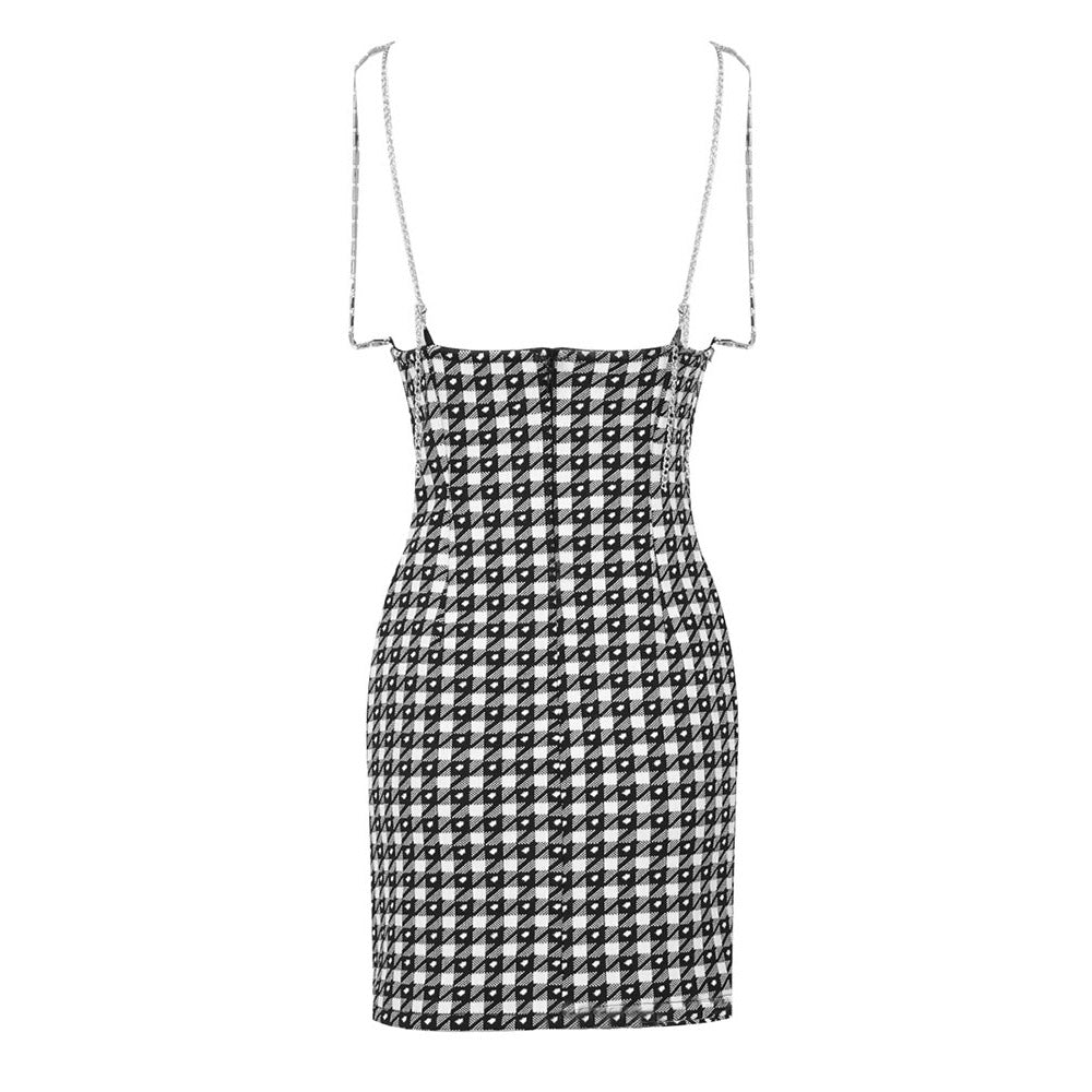 Estella Houndstooth V Neck Crystal Bow Tie Mini Dress