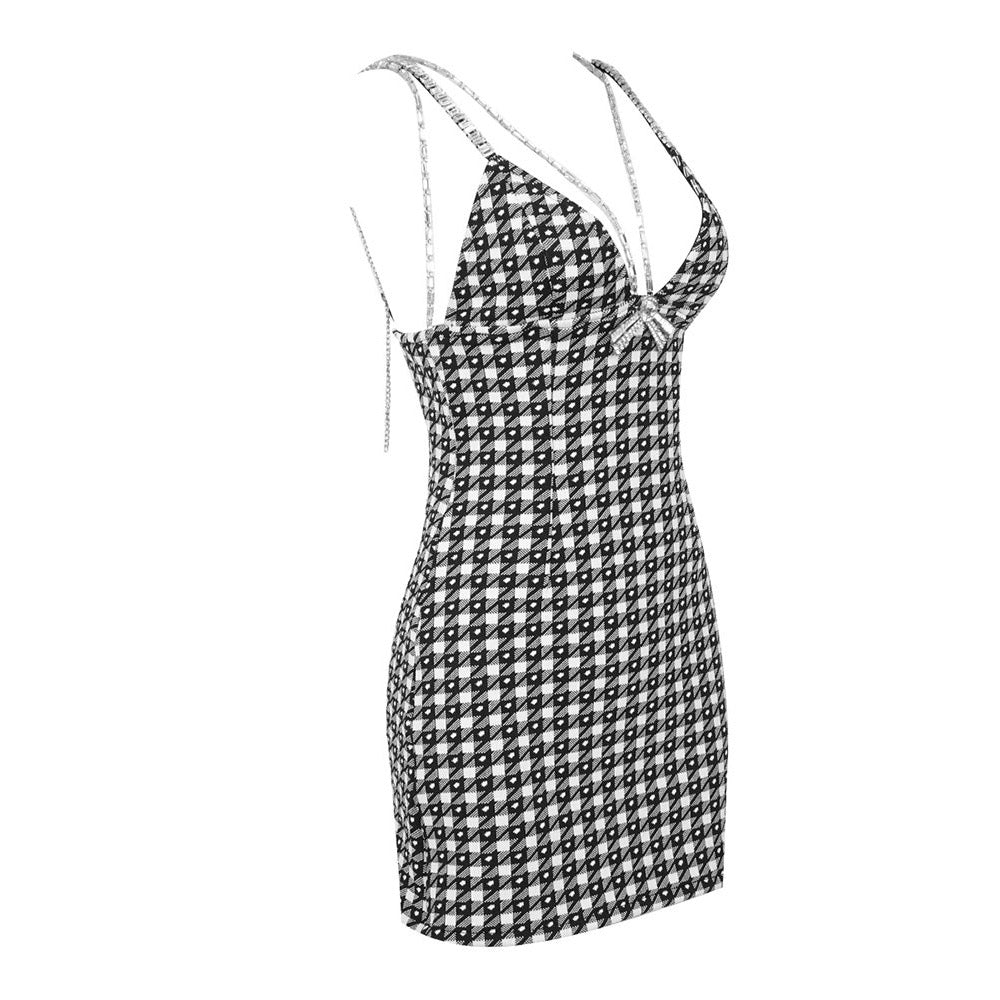 Estella Houndstooth V Neck Crystal Bow Tie Mini Dress