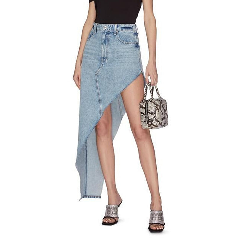 Araydee Asymmetric High Waist Maxi Denim Skirt