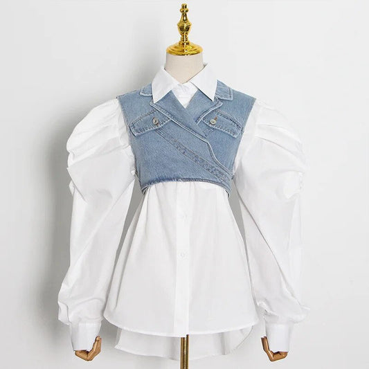 Layla White Shirt With Puff Sleeves And Cross Denim Vest 2 Piece Set