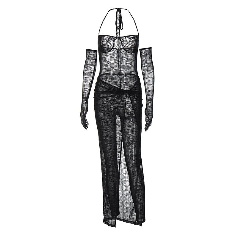 Lyma Mesh Jumpsuit With Gloves And Skirt