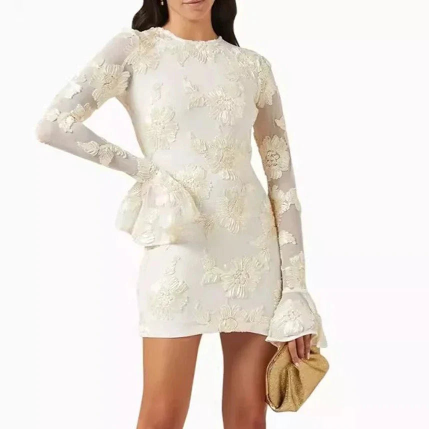 Beige Embroidered Flower Hollowed Out Mini Dress