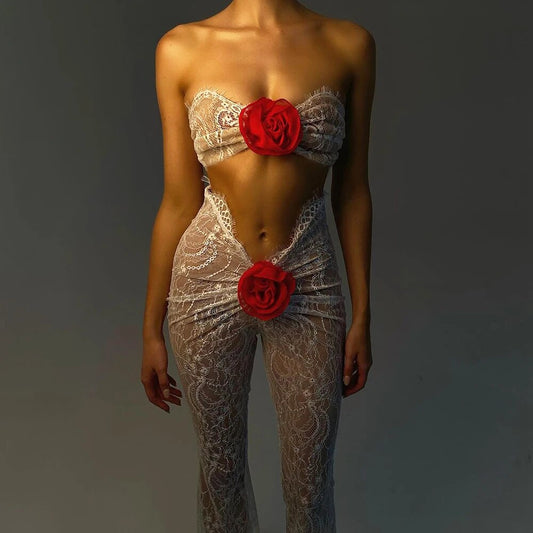 Allem Cut Out Lace Jumpsuit With Red Rose Bows