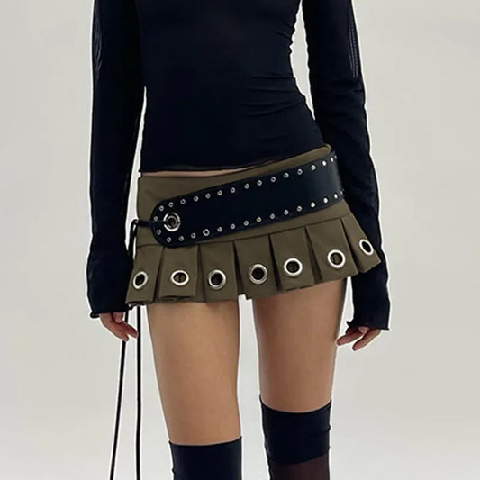 Amory Low Waist Pleated Mini Skirt With Shorts And Belt