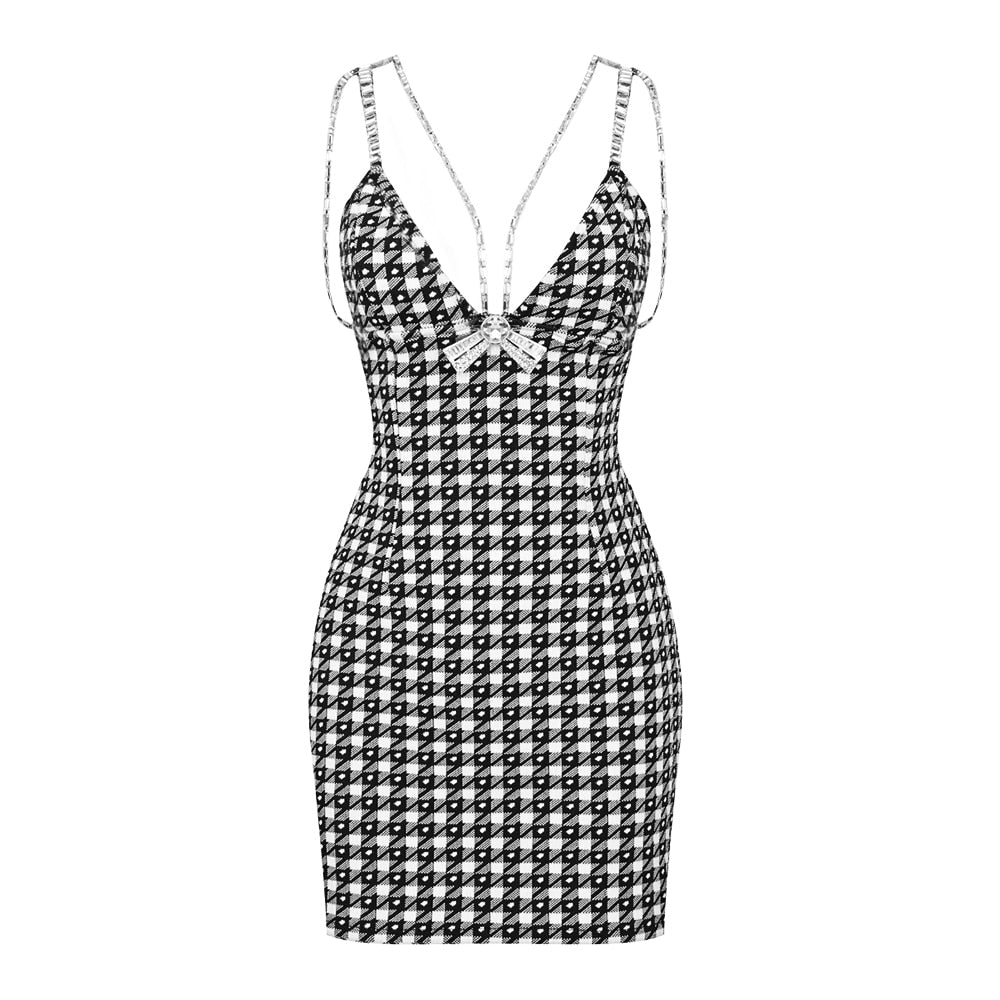 Estella Houndstooth V Neck Crystal Bow Tie Mini Dress