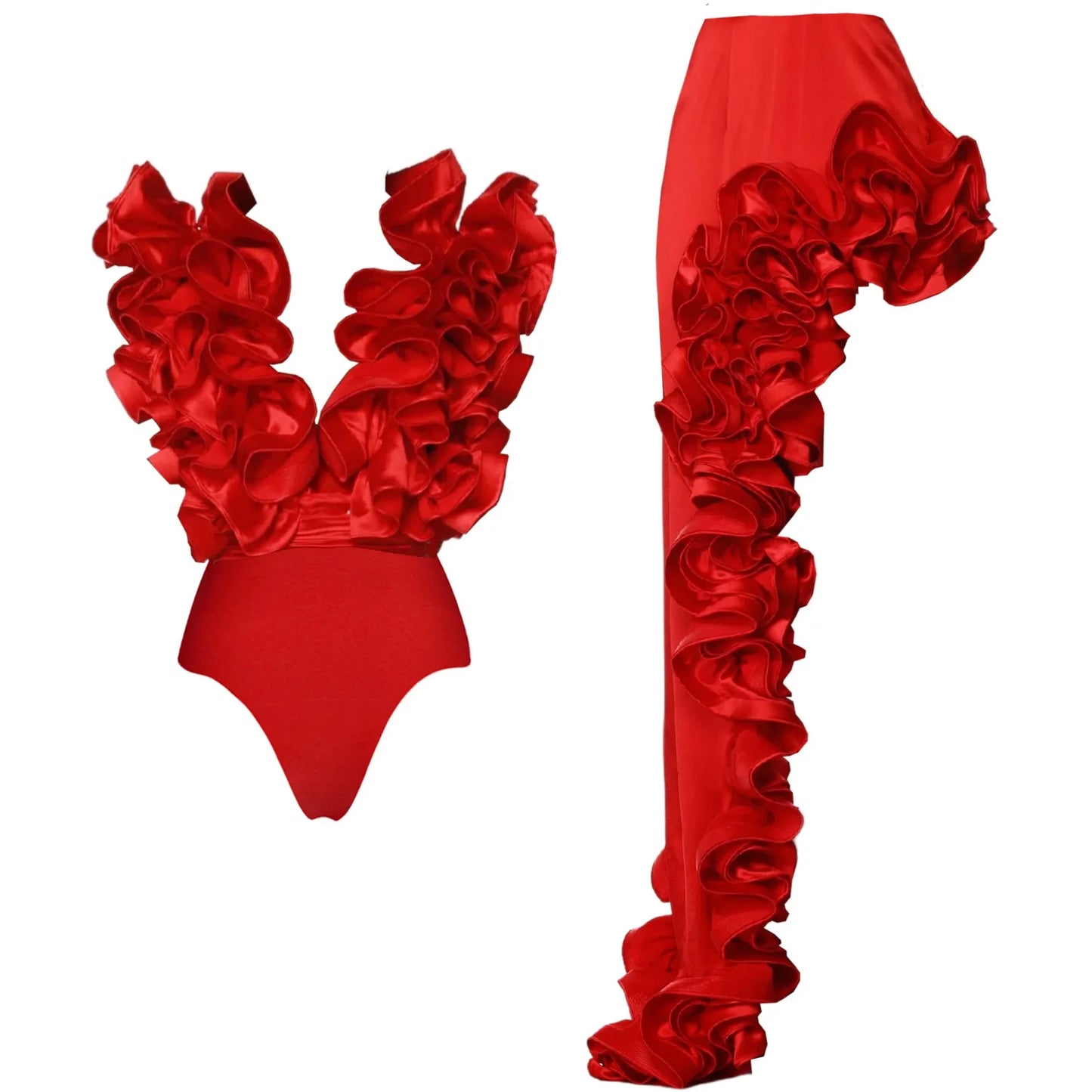 Omyto Red Flower Bodysuit And Side Slit Maxy Skirt