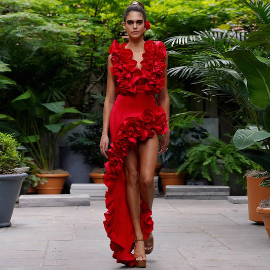 Omyto Red Flower Bodysuit And Side Slit Maxy Skirt