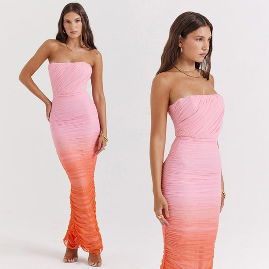 Ashymma Pink Orange Gradient Bodycon Maxi Dress