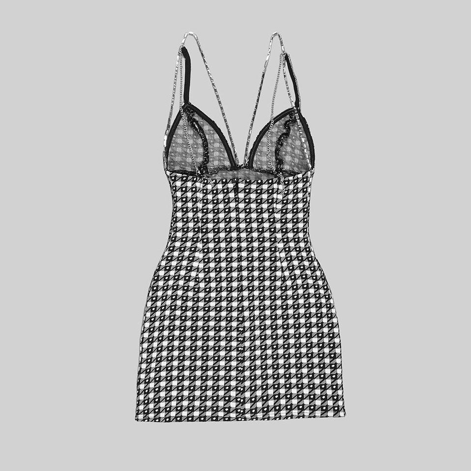 Estella Houndstooth V Neck Crystal Bow Tie Mini Dress